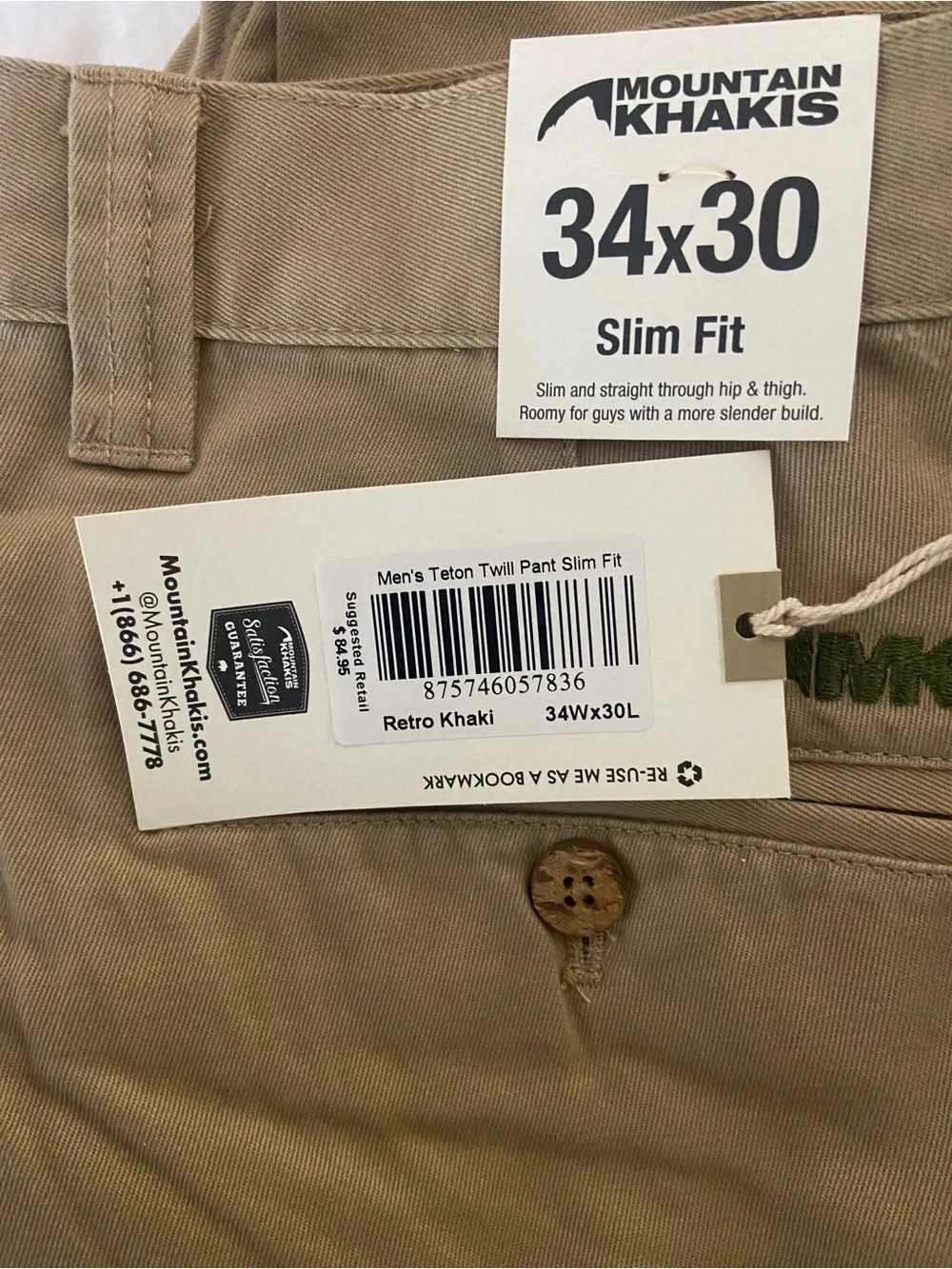 NWT Mountain Khakis Teton Twill Pants Slim Fit 34x30 Retro Khaki Men’s Chino